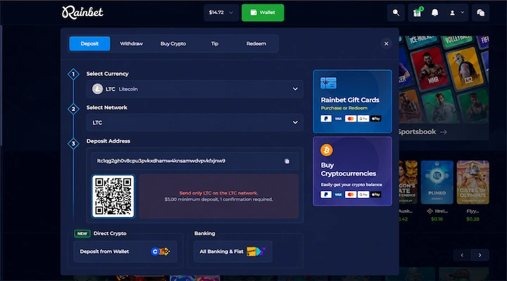 Rainbet LTC deposit cashier showing LTC Litecoin selected with the LTC network, deposit address, QR code, $5.00 minimum deposit, 1 confirmation required, and $14.72 balance from a logged-in session