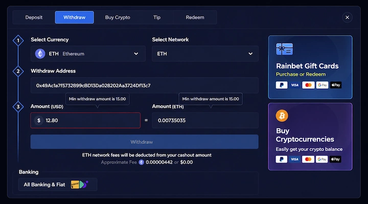 Rainbet cashier showing $15 minimum withdrawal amount Rainbet withdrawal page showing ETH on ETH network selected, Min withdraw amount is 15.00 tooltip displayed twice, $12.80 amount entered with red border indicating below minimum, and ETH network fee of 0.00000442