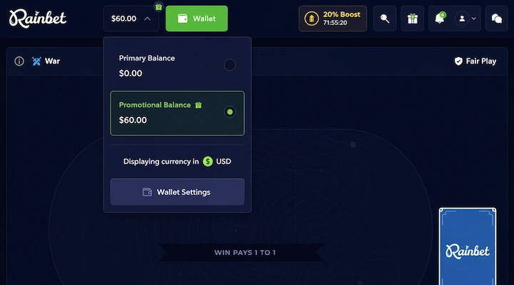 Rainbet wallet showing $60 Promotional Balance after first deposit with code VIPGRINDERS Rainbet wallet dropdown showing Primary Balance $0.00 and Promotional Balance $60.00 with 20% Boost countdown timer at 71:55:20 and currency set to USD
