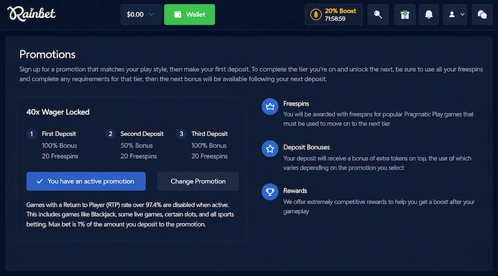 Rainbet Promotions page with 40x Wager Locked bonus activated Rainbet Promotions page showing 40x Wager Locked bonus with three deposit tiers (100% + 20 Freespins, 50% + 20 Freespins, 100% + 20 Freespins), green You have an active promotion confirmation, and restriction text showing 97.4% RTP cap and 1% max bet