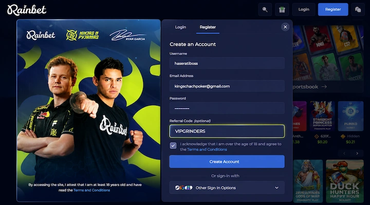 Rainbet registration form with referral code VIPGRINDERS Rainbet Create an Account registration form showing Username, Email Address, Password fields and Referral Code field expanded with VIPGRINDERS entered