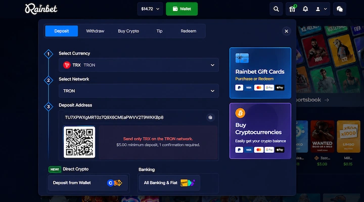 Rainbet TRX deposit cashier Rainbet deposit screen showing TRX TRON selected as the currency with the TRON network, a deposit address, QR code, a $5.00 minimum deposit, and 1 confirmation required from a logged-in session