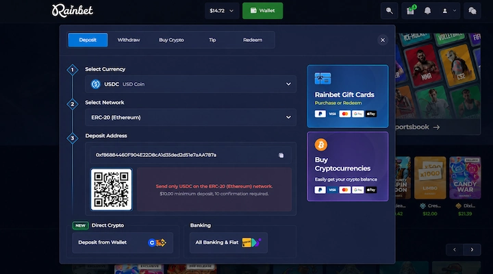 Rainbet USDC deposit cashier showing ERC-20 network and $10 minimum Rainbet deposit screen showing USDC USD Coin selected with ERC-20 Ethereum network, a deposit address, a QR code, a red warning that says send only USDC on the ERC-20 Ethereum network with a $10.00 minimum deposit and 10 confirmations required, plus gift card and fiat payment options from a logged-in session
