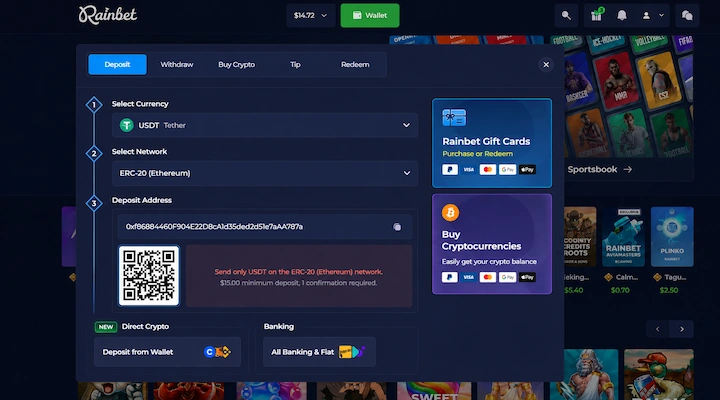 Rainbet USDT deposit cashier (ERC-20) Rainbet USDT deposit cashier from a logged-in session showing Tether selected on the ERC-20 Ethereum network with a 0x deposit address, QR code, an on-screen rule stating $15.00 minimum deposit and 1 confirmation required, and the header balance displayed in US dollars