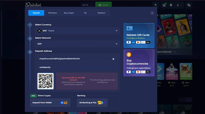 Rainbet XRP deposit cashier with Memo/Tag field and 10 confirmations Rainbet deposit screen showing XRP Ripple selected as the currency with the XRP network, a deposit address, a pre-filled Memo/Tag value of 4078994135, a QR code, a $5.00 minimum deposit, 10 confirmations required, and a warning that the Memo/Tag must be filled out from a logged-in session