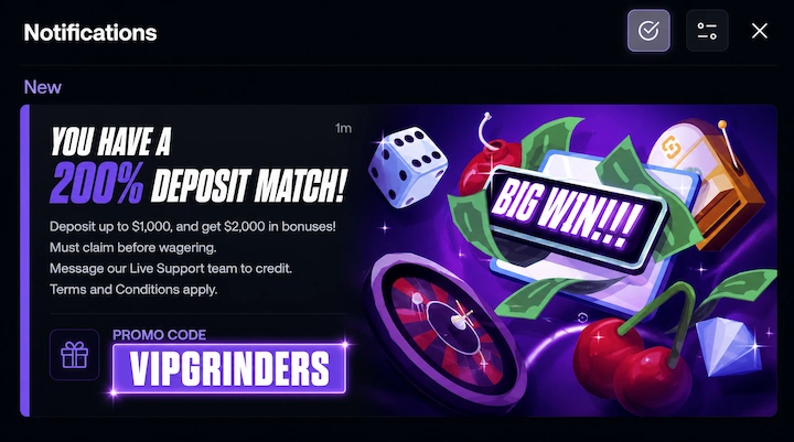 Shuffle Casino notification showing YOU HAVE A 200% DEPOSIT MATCH with deposit up to $1,000, claim before wagering instructions, and promo code VIPGRINDERS