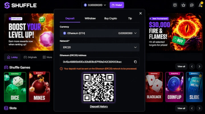 Shuffle Casino deposit interface showing Ethereum (ETH) selected on ERC20 network with wallet address, QR code, and Shuffle Games lobby visible in background