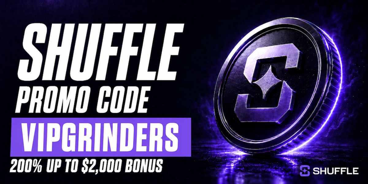 Shuffle Casino Promo Code VIPGRINDERS showing 200% bonus up to $2,000 with purple branded coin and Shuffle logo