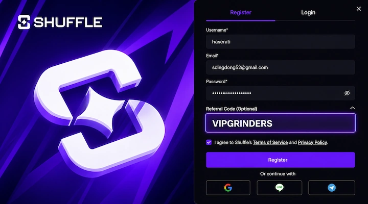 Shuffle Casino registration form showing Username, Email, Password fields and Referral Code field expanded with VIPGRINDERS entered, purple Register button and social login options