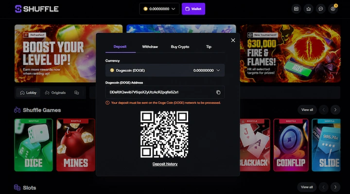 Shuffle deposit screen showing Dogecoin DOGE selected as the currency with a DOGE deposit address starting with D, a network warning to send on the Doge Coin DOGE network, and a QR code from a logged-in session