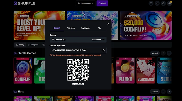 Shuffle LTC deposit cashier showing Litecoin (LTC) selected as currency with deposit address, QR code, and Litecoin network requirement from a logged-in session