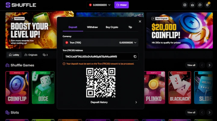 Shuffle TRX deposit cashier Shuffle deposit screen showing Tron (TRX) selected as the currency with a TRC20 deposit address, QR code, and a network warning to send only on Tron (TRC20) from a logged-in session