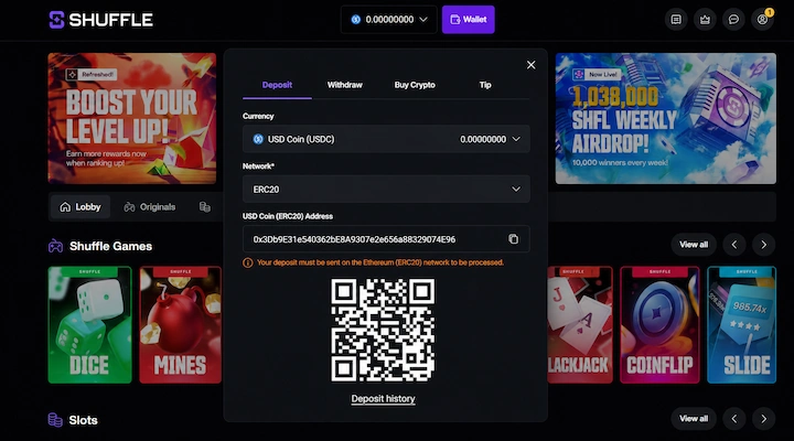 Shuffle USDC deposit cashier showing ERC20 network and deposit address Shuffle deposit screen showing USD Coin USDC selected with ERC20 network, a deposit address, a warning that the deposit must be sent on the Ethereum ERC20 network to be processed, a QR code, and a 0.00 USDC balance from a logged-in session