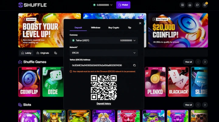 Shuffle USDT deposit cashier (ERC-20) Shuffle USDT deposit cashier from a logged-in session showing Tether selected on the ERC-20 network with a 0x deposit address, QR code, a red warning that the deposit must be sent on the Ethereum ERC-20 network, and the account balance held in USDT