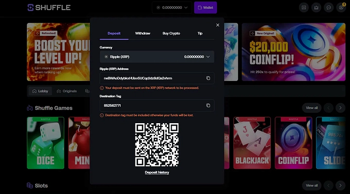 Shuffle XRP deposit cashier with destination tag warning Shuffle deposit screen showing Ripple XRP selected as the currency with an XRP deposit address, a mandatory destination tag pre-filled with a numeric value, warnings that the deposit must be sent on the XRP network and that omitting the tag will result in lost funds, and a QR code from a logged-in session