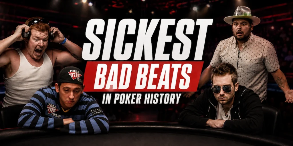 Sickest bad beats in poker history featuring four poker players showing shock and devastation after losing hands they were heavily favored to win at major tournament final tables