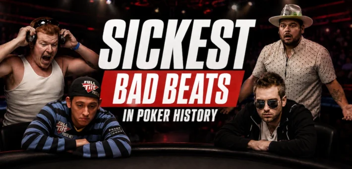 Sickest bad beats in poker history featuring four poker players showing shock and devastation after losing hands they were heavily favored to win at major tournament final tables