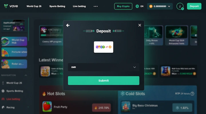 Vave XMR deposit cashier Vave deposit screen showing XMR selected from the cryptocurrency dropdown with a Submit button to generate a deposit address from a logged-in session