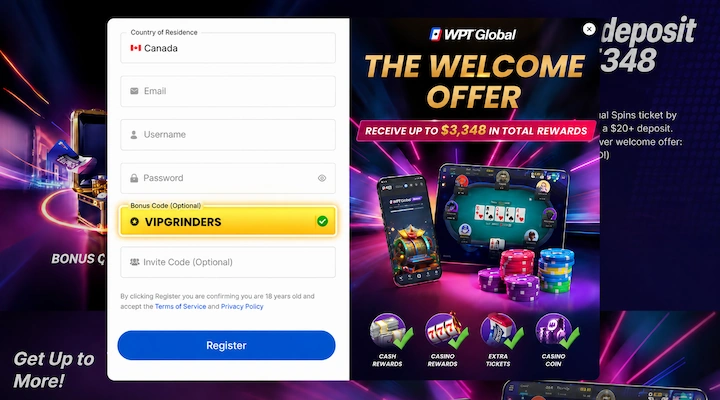 WPT Global Registration Form Bonus Code VIPGRINDERS WPT Global registration form showing the Bonus Code (Optional) field with VIPGRINDERS entered and a green Success confirmation