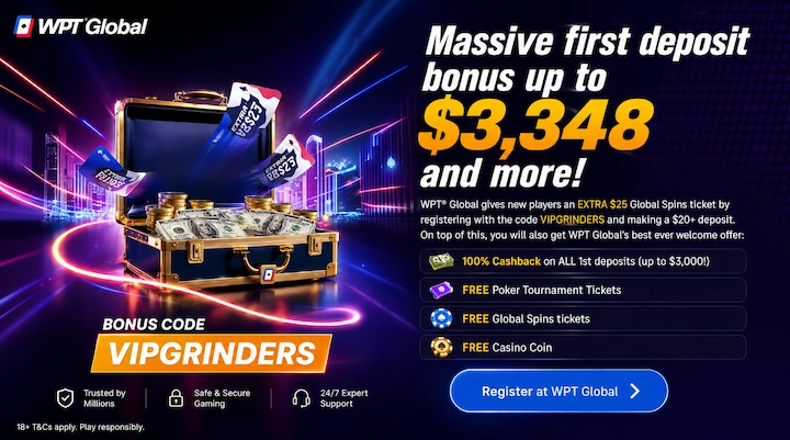 WPT Global Welcome Offer VIPGRINDERS $3,348 WPT Global welcome offer breakdown showing 100% cashback up to $3,000, free tournament tickets, Global Spins tickets, and Casino Coin with bonus code VIPGRINDERS