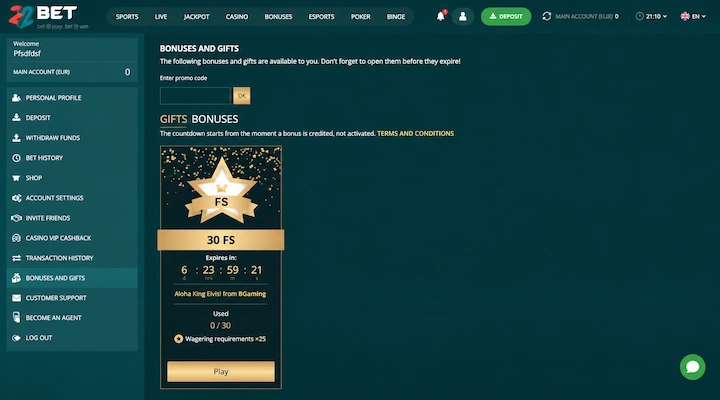 22Bet 30 free spinů sedmidenní lhůta 22Bet sekce Bonusy a dárky s dárkem 30 FS, platností 6 dní 23 hodin, hrou Aloha King Elvis od BGaming a protočením x25