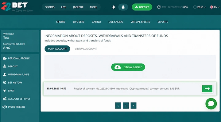 22Bet krypto vklad potvrzen 8,96 EUR 22Bet historie transakcí s kryptoměnovou platbou 8,96 EUR přijatou 10. srpna 2026 v 10:55 a zůstatkem účtu 8,96 EUR