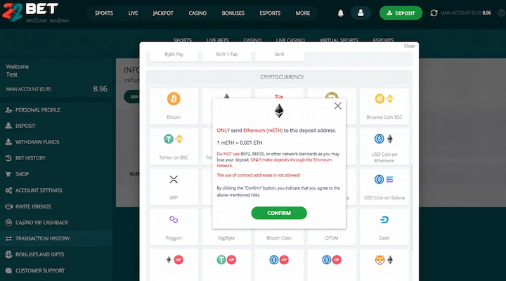 22Bet Ethereum mETH varování u sítě 22Bet potvrzovací okno u vkladu Ethereum s informací 1 mETH se rovná 0,001 ETH, varováním posílat jen přes síť Ethereum a upozorněním, že BEP2, BEP20 a kontraktové adresy nejsou přijímány