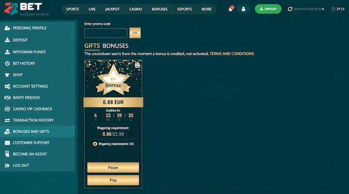 22Bet výhra z free spinů a protočení 25x 22Bet karta bonusu s částkou 0,88 EUR, protočením 0,00 z 22,00 a novým odpočtem 6 dní 23 hodin