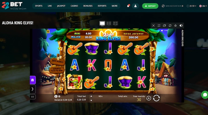 22Bet bonus bez vkladu 30 free spinů 22Bet automat Aloha King Elvis se zůstatkem 0,00 EUR, sázkou 0,20 EUR a 30 volnými otočkami po registraci s kódem VIP22