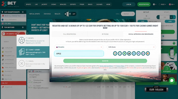 22Bet promo code on social signup 22Bet Social Networks and Messengers registration tab with VIP22 entered in the promo code field beside the social login buttons, with Slovakia and EUR selected