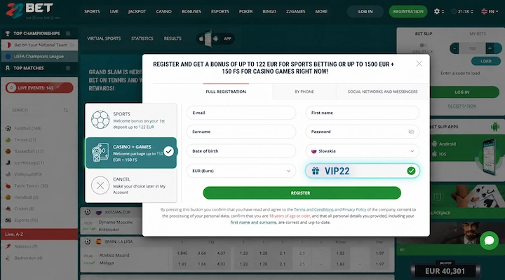 22Bet registration form with promo code VIP22 22Bet full registration form showing email, first name, surname, date of birth, Slovakia and EUR fields with VIP22 entered in the promo code box, beside the Sports, Casino plus Games and Cancel bonus options