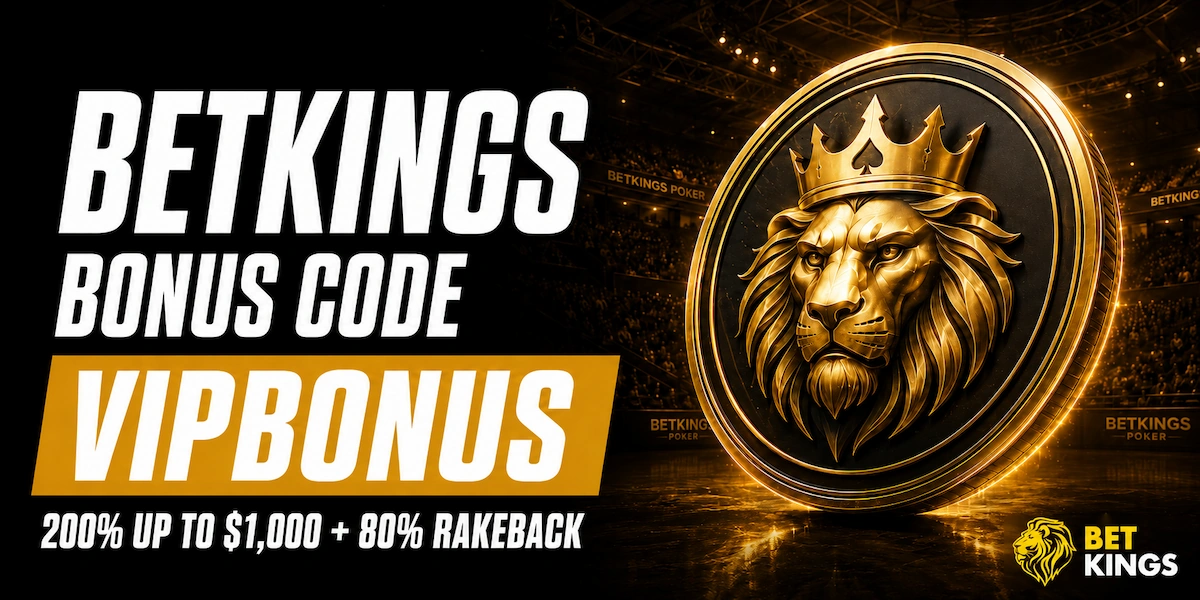 BetKings Poker bonus code VIPBONUS BetKings Poker bonus code VIPBONUS banner showing the 200% welcome bonus up to $1,000 and up to 80% rakeback, with the BetKings golden lion medallion