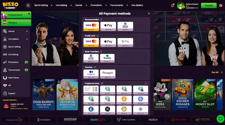 Bizzo Casino all payment methods panel Bizzo Casino All Payment methods panel showing Recommended 3, Credit card 3, Bank Transfers 2, Voucher 2 and Cryptocurrency 14, with a 10 euro minimum printed on every tile