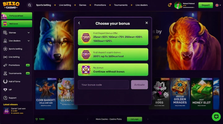 Bizzo Casino Choose your bonus panel first deposit tiers Bizzo Casino Choose your bonus panel showing the First Deposit Bonus Offer tiers at 25 euro equals 50 percent, 100 euro equals 75 percent, 250 euro equals 100 percent and 1000 euro equals 125 percent, beside a crypto first deposit bonus and a no bonus option