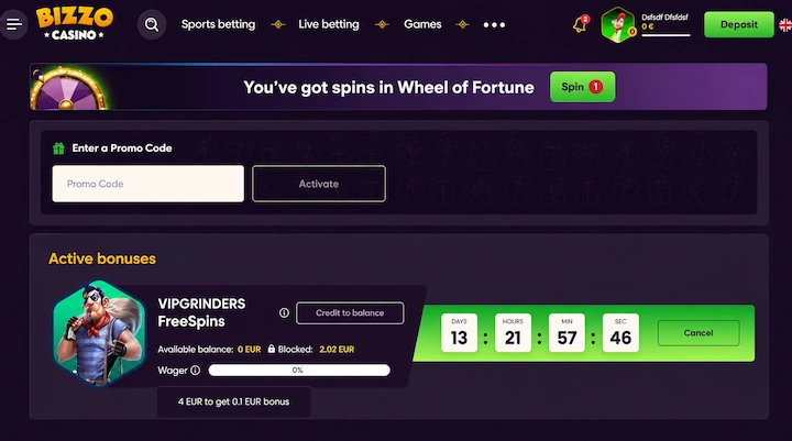 Bizzo Casino free spin winnings blocked Bizzo Casino bonus card named VIPGRINDERS FreeSpins showing Available balance 0 EUR, Blocked 2.02 EUR, a wager bar at 0 percent, a note reading 4 EUR to get 0.1 EUR bonus, a countdown of 13 days 21 hours and a Cancel button