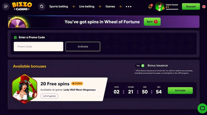Bizzo Casino no deposit bonus 20 free spins zero balance Bizzo Casino Available bonuses page showing a 20 Free spins card on Lady Wolf Moon Megaways with a 2 day 21 hour countdown and an Activate button, above a Wheel of Fortune banner, on an account balance of 0 euros