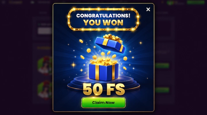 Bizzo Casino wheel prize 50 free spins Bizzo Casino Wheel of Fortune result screen reading Congratulations You Won 50 FS with a Claim Now button, over an Available bonuses list holding both the 50 and the 20 free spins cards