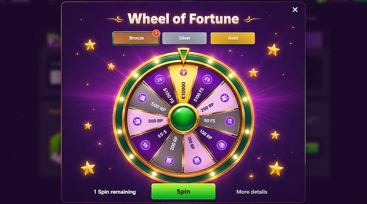 Bizzo Casino Wheel of Fortune Bronze wheel Bizzo Casino Wheel of Fortune modal with Bronze selected and one spin remaining, showing segments for 5, 50, 100 and 300 free spins, 100, 200 and 500 RP and a 10,000 euro prize, beside Silver and Gold tabs