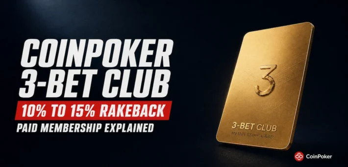 CoinPoker 3-Bet Club gold membership card, the paid subscription returning 10% to 15% rakeback on poker rake