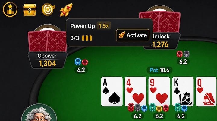 CoinPoker table showing the 3-Bet Club Power Up panel with a 1.5x multiplier and an Activate button