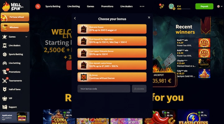HellSpin Choose your bonus panel opened in the cashier, showing five options from a 20 percent bonus at 1x wagering up to 100 percent up to 1000 euros plus 100 free spins, and a Continue without bonus button