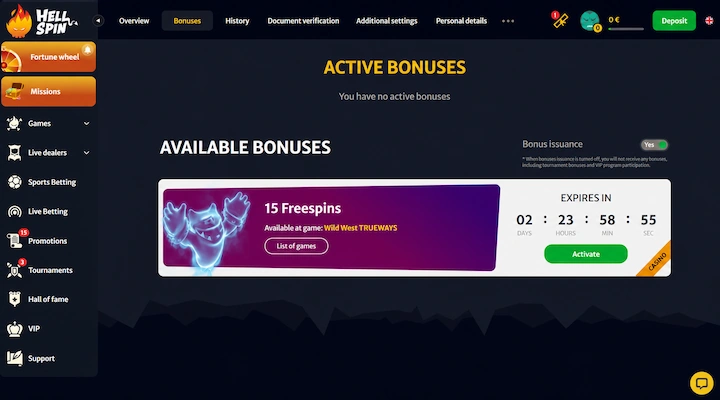 HellSpin Bonuses page showing the 15 Freespins card on Wild West TRUEWAYS with a countdown of 2 days 23 hours 58 minutes and a green Activate button