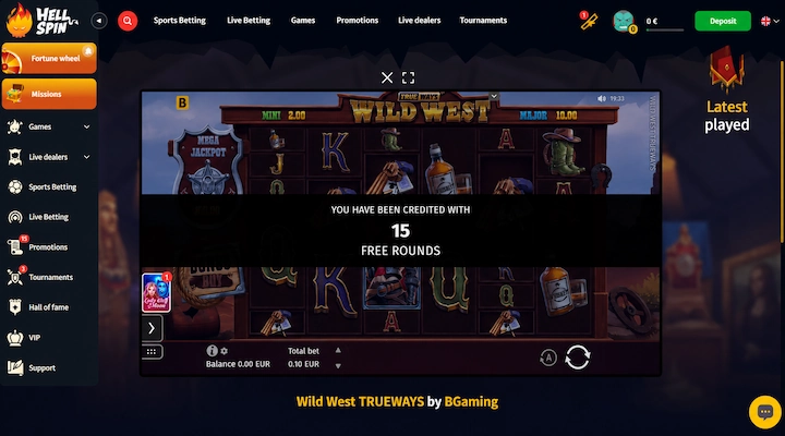 HellSpin Wild West TRUEWAYS slot showing You have been credited with 15 free rounds, Balance 0.00 EUR and Total bet 0.10 EUR after registering with promo code VIPGRINDERS