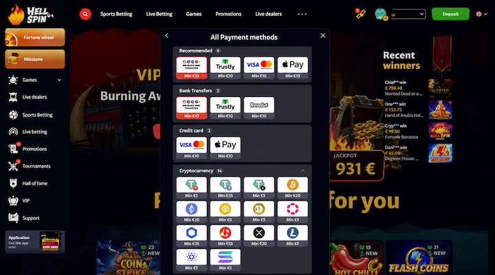 HellSpin All Payment methods panel showing bank transfers, credit cards and a cryptocurrency section, each tile printed with its own minimum deposit