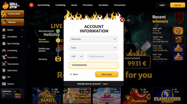 HellSpin Account information registration step showing country, currency and phone number fields with VIPGRINDERS entered in the promo code box