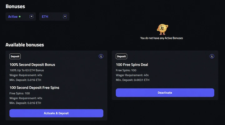 mBit Casino 100 Free Spins Deal minimum deposit mBit Casino bonuses page showing the 100 Free Spins Deal with 100 free spins, 40x wager requirement and a minimum deposit of 0.0031 ETH