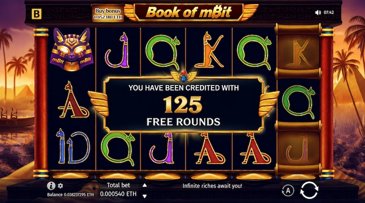 125 free rounds credited on Book of mBit Book of mBit slot showing You have been credited with 125 free rounds, with a total bet of 0.000540 ETH and a balance of 0.038237295 ETH