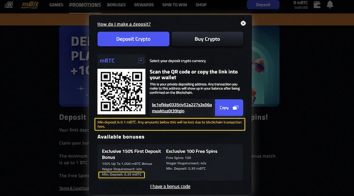 mBit Casino cashier minimum against bonus minimum mBit Casino deposit screen on an account registered with promo code VIPBIT, showing a 0.1 mBTC minimum deposit above the Exclusive 150% First Deposit Bonus requiring 0.35 mBTC
