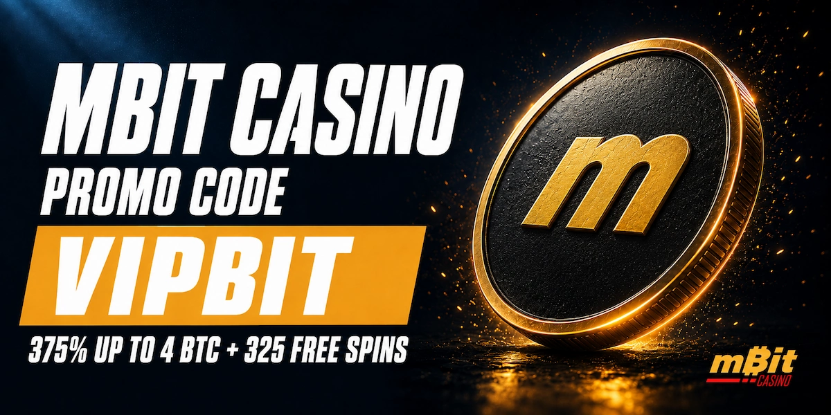 mBit Casino Promo Code VIPBIT mBit Casino promo code VIPBIT banner showing the exclusive 375% welcome package up to 4 BTC and 325 free spins beside the mBit Casino lobby
