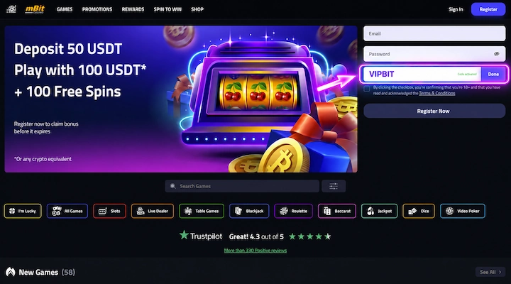 mBit Casino registration form with promo code VIPBIT mBit Casino registration form showing email and password fields with VIPBIT entered in the Insert promo code box and Code activated confirmed in green